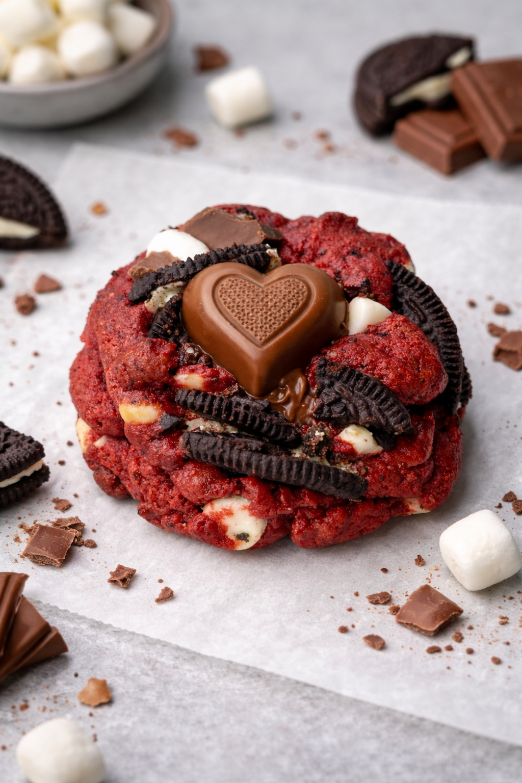 Luxe Crimson Eclipse™ – Marshmallow Core

Short Description:
A rich red velvet cookie layered with Oreo crunch, white chocolate, and a soft, molten marshmallow center.